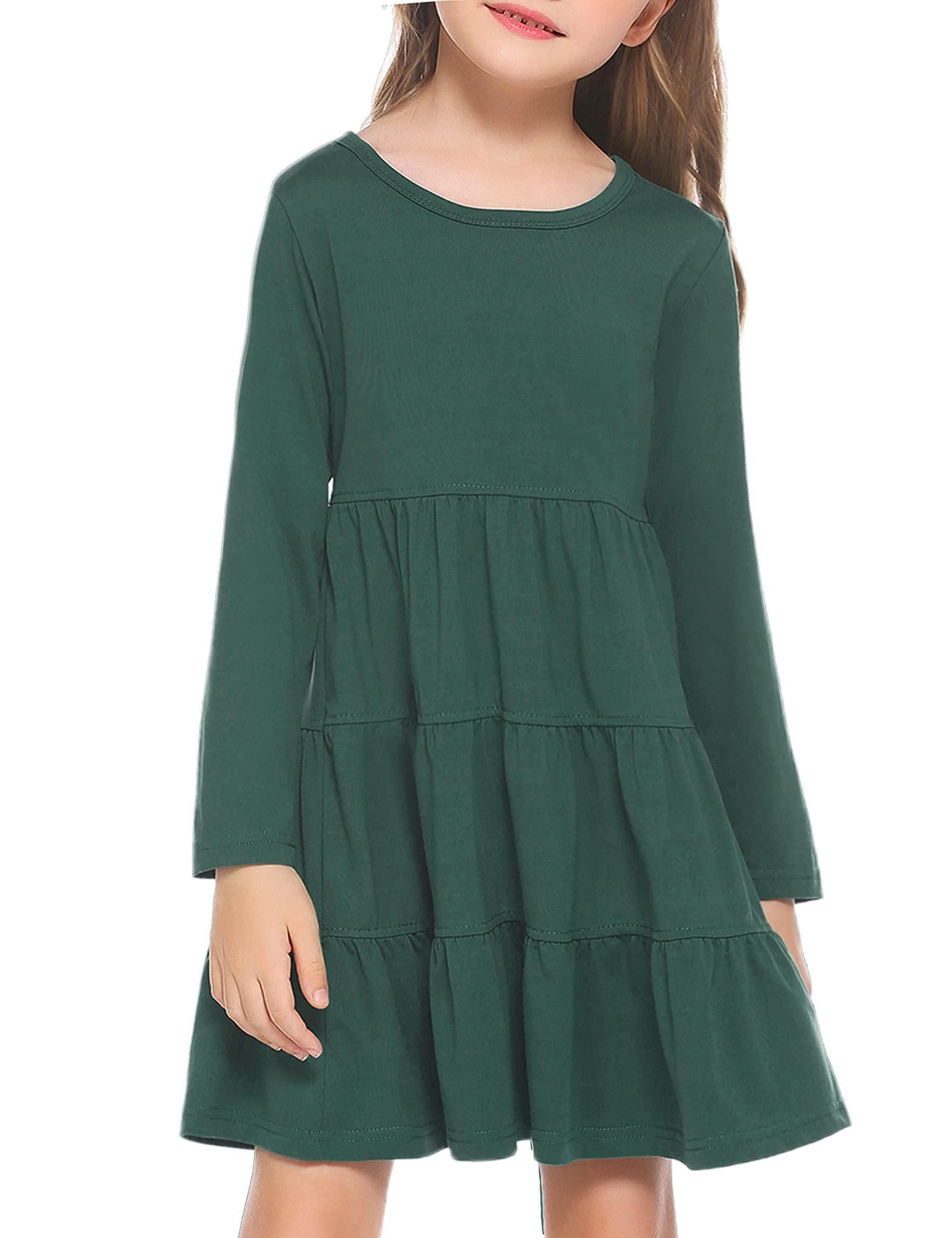 Oudiya Girls Long Sleeve Dress Tiered Flowy Sundress Dark Green Midi ...