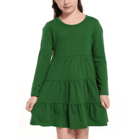 Oudiya Girls Long Sleeve Dress Tiered Flowy Sundress Green Midi Swing Casual Dress, 3-10 Years