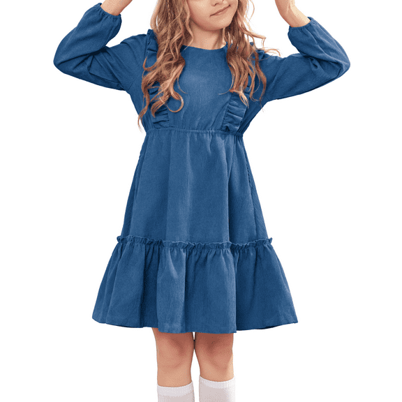 Oudiya Girls Casual Fall Dress Long Sleeve A-line Ruffled Button Corduroy Elegant Dress for Kids 5-14Y