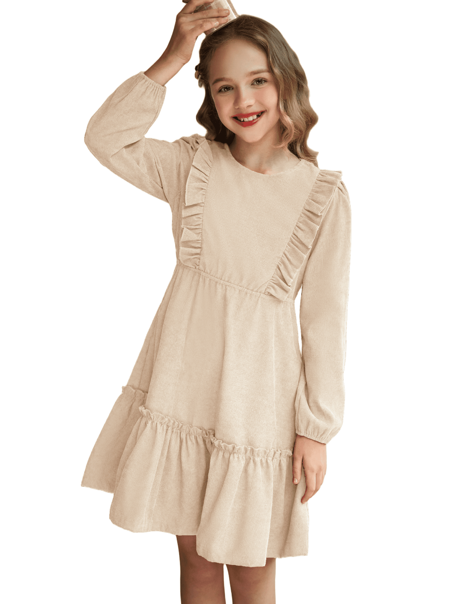 Oudiya Girls Casual Fall Dress Long Sleeve A-line Ruffled Button ...