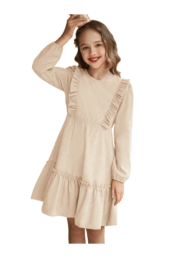 Girls Casual Fall Dress Long Sleeve A-line Ruffled Button Corduroy Elegant Dress for Kids 5-14Y