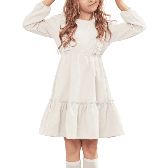 Oudiya Girls Casual Fall Dress Long Sleeve A-line Ruffled Button Corduroy Elegant Dress for Kids 5-14Y