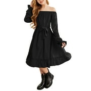 OUDIYA Girls Long Sleeve Fall Dresses Formal Party Holiday Swing Flowy Ruffle Midi Dress, 5-13Y