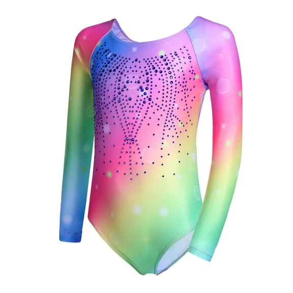 Oudiya Girls Long Sleeve Gymnastic Leotard Gradient Color Sparkly Ballet Dance Outfit for Kids 3-10Y