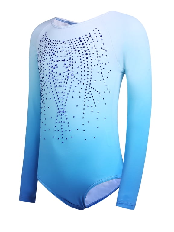 Girls Long Sleeve Gymnastic Leotard Gradient Color Sparkly Ballet Dance Outfit for Kids 3-10Y
