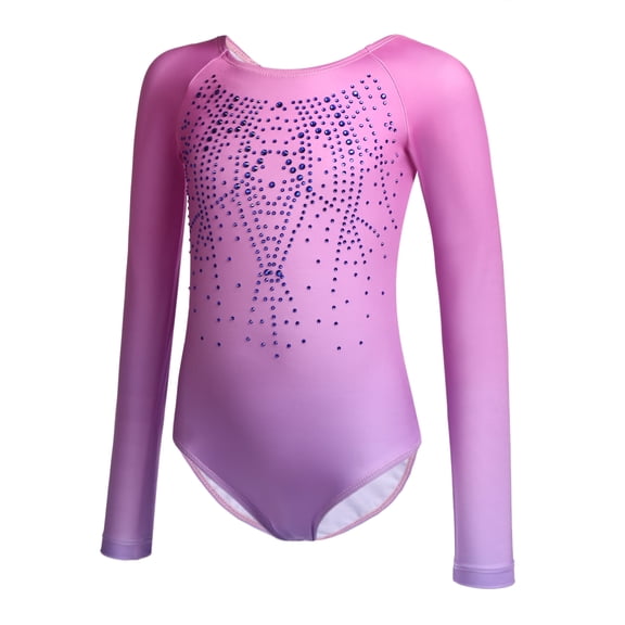 Oudiya Girls Long Sleeve Gymnastic Leotard Gradient Color Sparkly Ballet Dance Outfit for Kids 3-10Y
