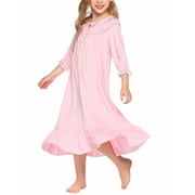 Oudiya Girls Long Sleeve Nightgowns Princess Sleepwear with Ruffled Hem Pajama Dress for Kids 4-13 Years