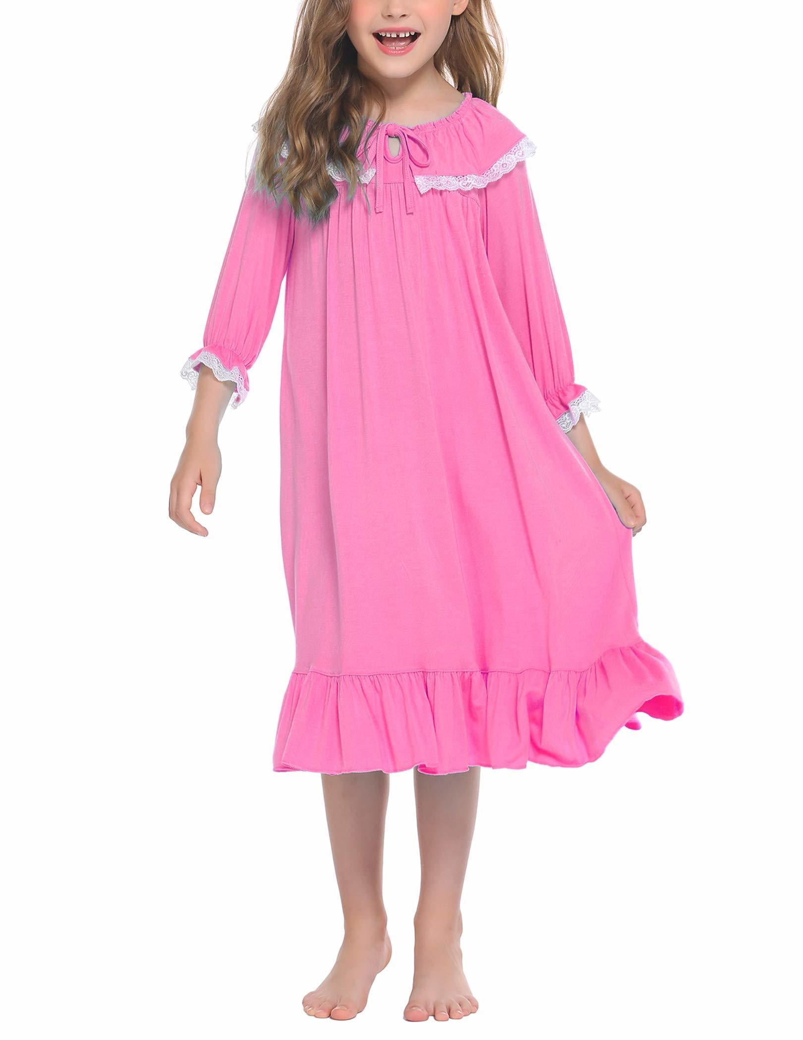 Oudiya Girls Long Sleeve Nightgowns Princess Sleepwear with Ruffled Hem Pajama Dress for Kids 4