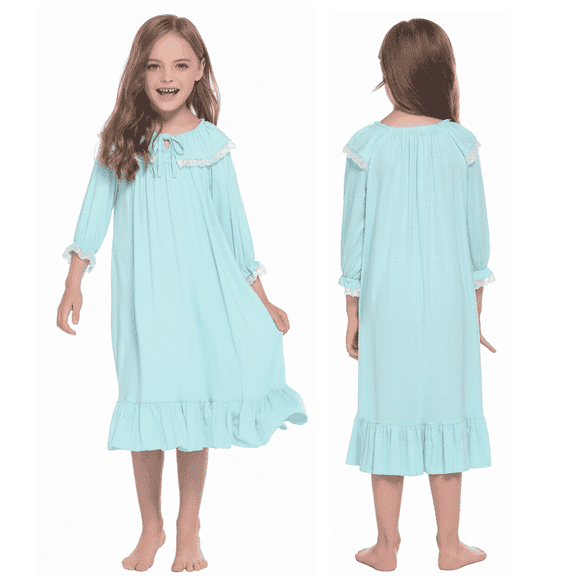 Oudiya Girls Long Sleeve Nightgowns Princess Sleepwear with Ruffled Hem Pajama Dress for Kids 4-13 Years