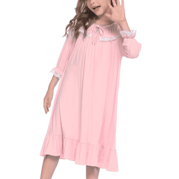 Oudiya Girls Long Sleeve Nightgowns Princess Sleepwear with Ruffled Hem Pajama Dress for Kids 4-13 Years