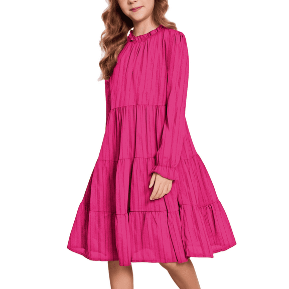 Oudiya Girls Long Sleeve Party Dress Formal Fall Winter Holiday Midi Flowy Swing Dress with Belt for Kids 5-13Y