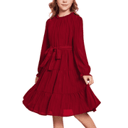 OUDIYA Girls Long Sleeve Party Dress Formal Fall Winter Holiday Midi Flowy Swing Dress with Belt for Kids 5-13Y