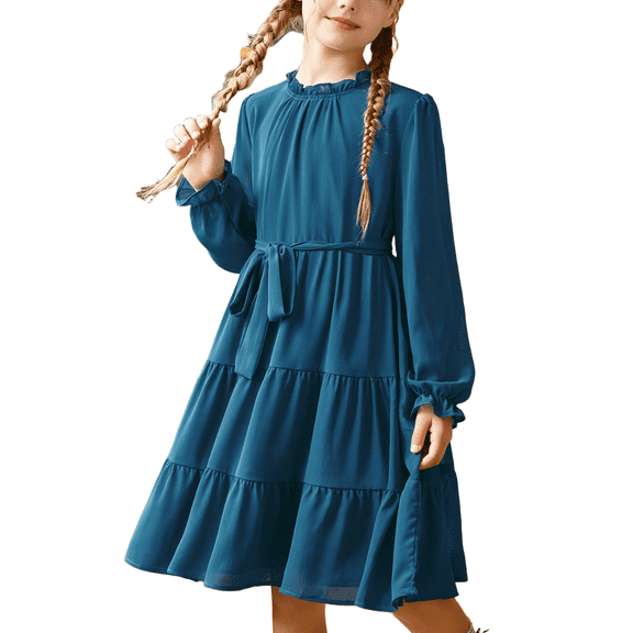 Oudiya Girls Long Sleeve Party Dress Formal Fall Winter Holiday Midi Flowy Swing Dress with Belt for Kids 5-13Y