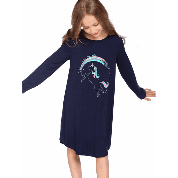 Oudiya Girls Long Sleeve Nightgowns Soft Print Pajamas Sleepwear Nighties for Kids 4-12