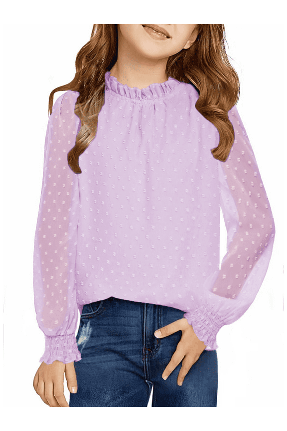 Girls Long Sleeve Purple Shirts Chiffon Swiss Dot Blouses Frill Neck Top Casual Loose Cute Tee for Kids 6-13Y