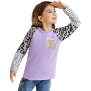 Oudiya Girls Long Sleeve Shirts with Unique Pocket Casual Color Block Top Tee Blouse for Kids 5-12 Years