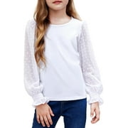 Oudiya Girls Long Sleeve White Pullover Shirt with Ruffle Cuffs Swiss Dots Kids 5-12Y Crewneck Top Blouse
