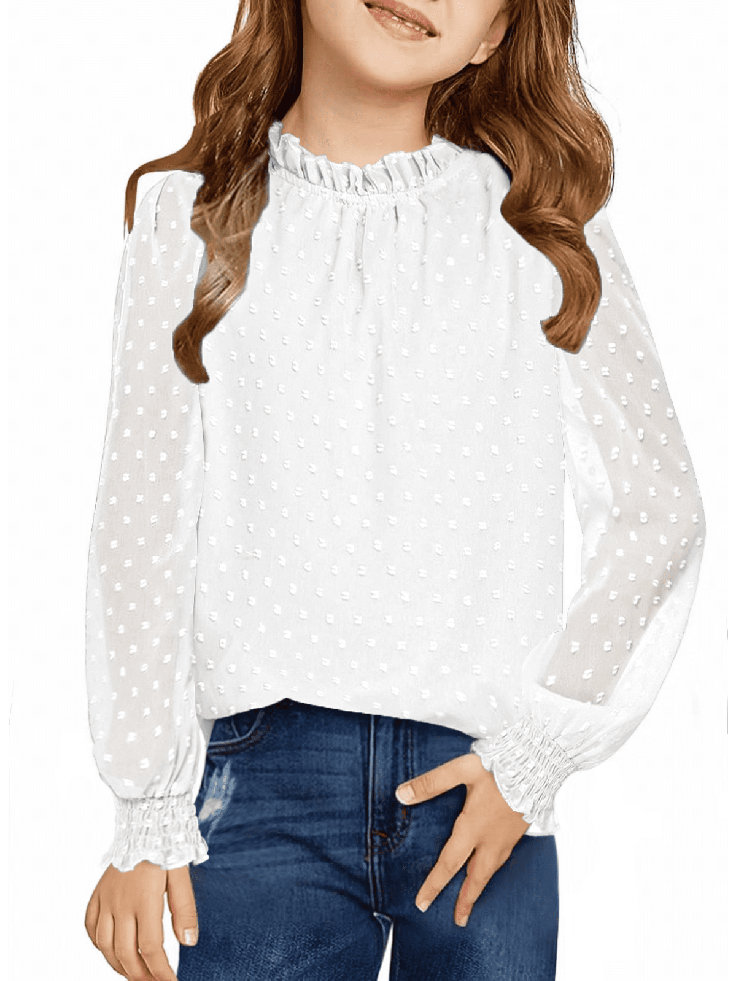 Oudiya Girls Long Sleeve White Shirts Chiffon Swiss Dot