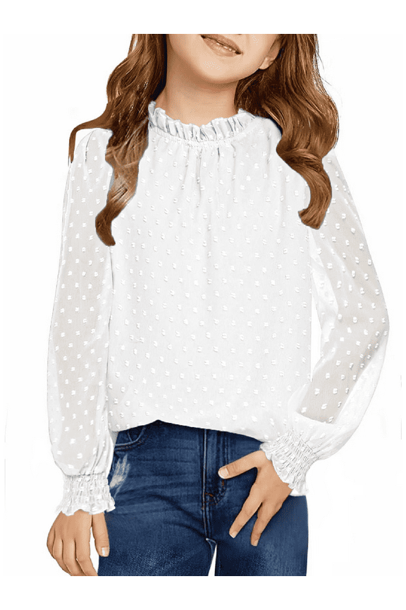 Girls Long Sleeve White Shirts Chiffon Swiss Dot Blouses Frill Neck Top Casual Loose Cute Tee for Kids 6-13Y