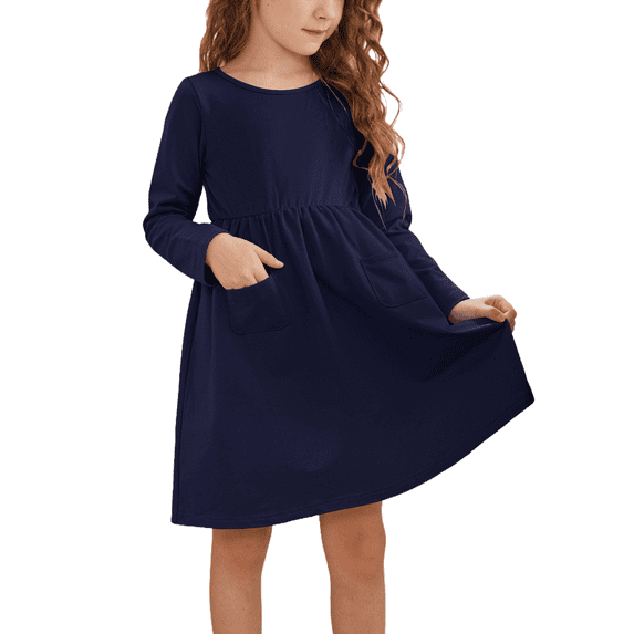 Oudiya Girls Long Sleeve Witch Dress Navy Blue Fall Dress with Pocket for Toddler Girls, 4-13 years