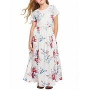 Oudiya Girls Maxi Floral Dress Short Sleeve O-Neck Casual Holiday Dress with Pockets White for Kids 12-13Y
