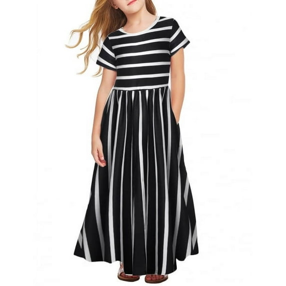 Oudiya Girls Maxi Striped Dress Short Sleeve O-Neck Casual Holiday Dress with Pockets Black white for Kids 10-11Y