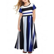 Oudiya Girls Maxi Striped Dress Short Sleeve O-Neck Casual Holiday Dress with Pockets Blue for Kids 8-9Y