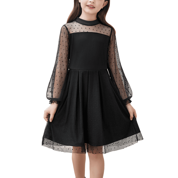 Oudiya Girls Mesh Puff Lantern Long Sleeve Black Dress Mock Neck Formal Party A Line Short Tulle Dress