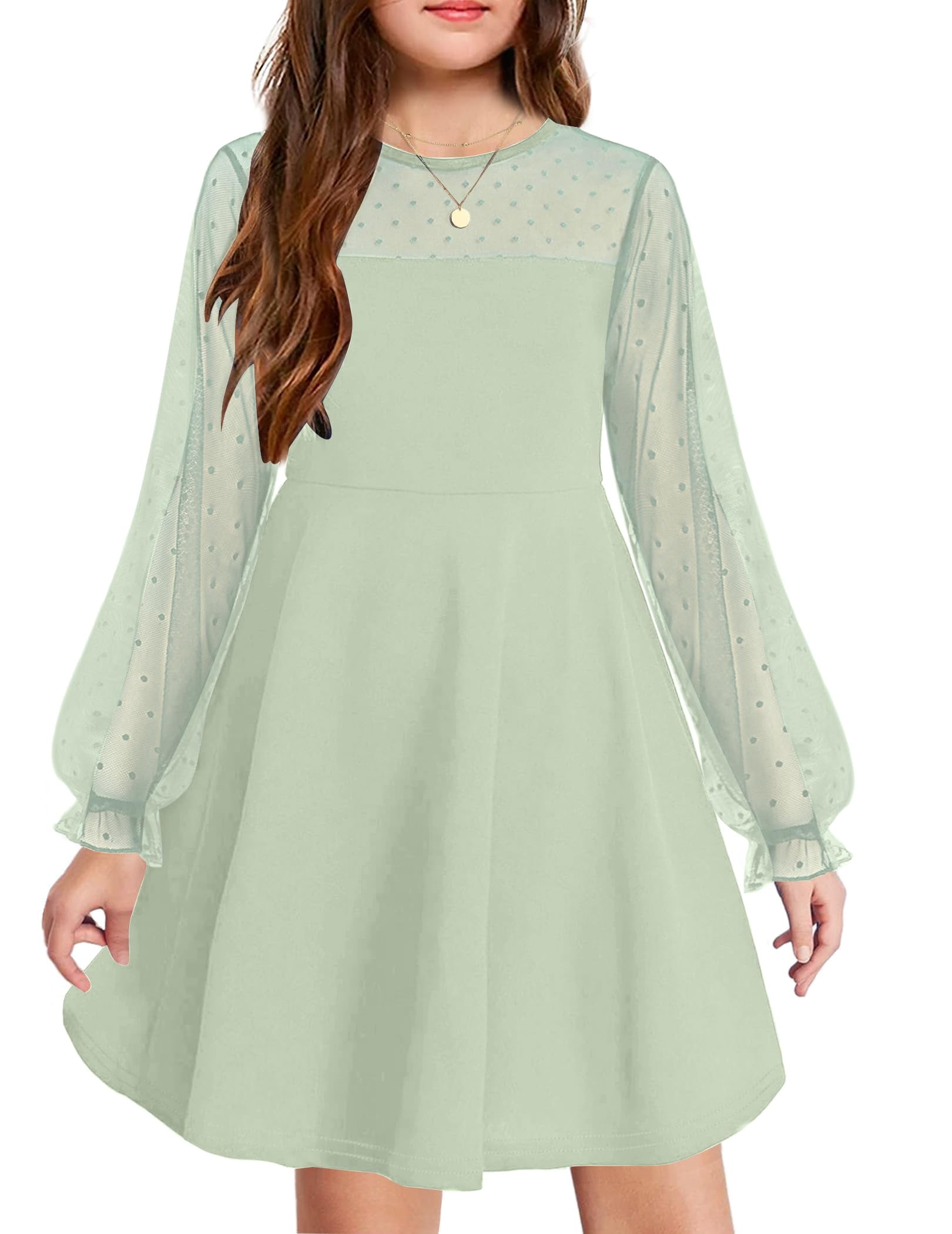 Oudiya Girls Mesh Puff Lantern Long Sleeve High Waist Easter Formal A Line Light Green Dress with Pockets for Kids 6-16 Years, Girl's, Size: 8-9Y Oudiya Girls Mesh Puff Lantern Long Sleeve High Waist Easter Formal A Line Light Green Dress with Pockets for Kids 6-16 Years, Girl's, Size: 8-9Y