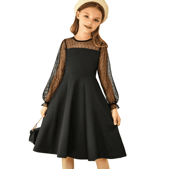 Oudiya Girls Mesh Puff Lantern Long Sleeve High Waist Formal A Line Black Dress with Pockets for Kids 6-13 Years