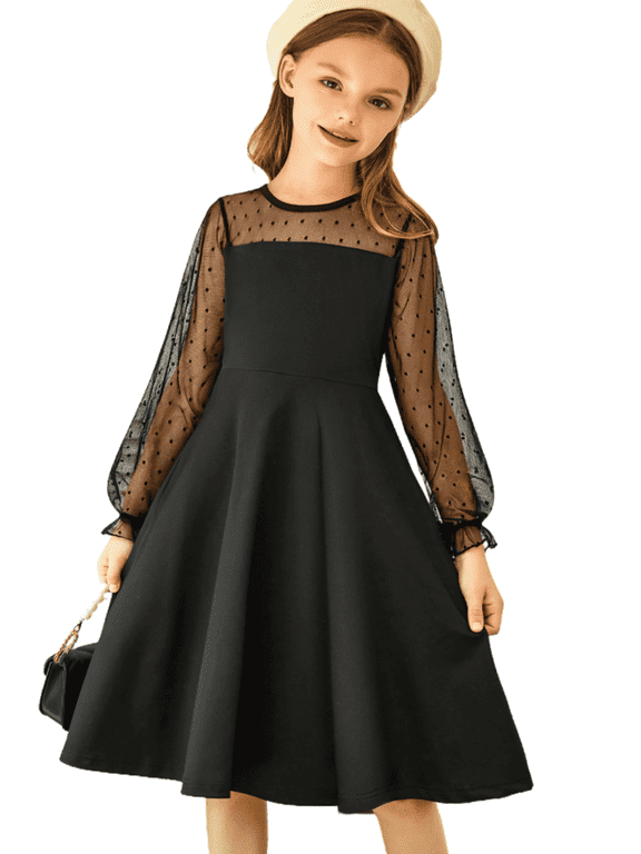 Girls Mesh Puff Lantern Long Sleeve High Waist Formal A Line Black Dress with Pockets for Kids 6-13 Years