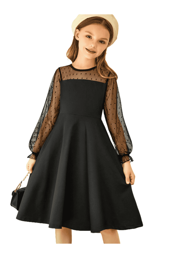 Girls Mesh Puff Lantern Long Sleeve High Waist Formal A Line Black Dress with Pockets for Kids 6-13 Years