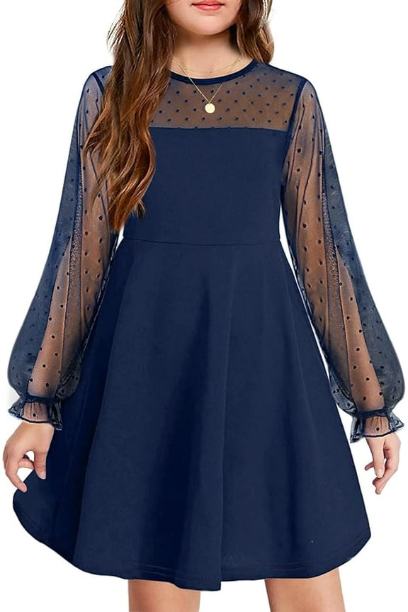 Girls Mesh Puff Lantern Long Sleeve High Waist Formal A Line Dress with Pockets for Kids 6-13 Years