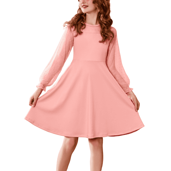 Oudiya Girls Mesh Puff Lantern Long Sleeve High Waist Formal A Line Light Blue Dress with Pockets for Kids 6-16 Years