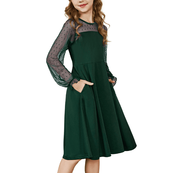 Oudiya Girls Mesh Puff Lantern Long Sleeve High Waist Formal A Line Light Blue Dress with Pockets for Kids 6-16 Years