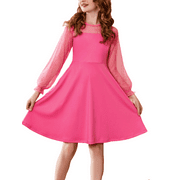 OUDIYA Girls Mesh Puff Lantern Long Sleeve High Waist Formal A Line Pink Dress with Pockets for Kids 6-13 Years