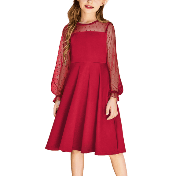 Oudiya Girls Mesh Puff Lantern Long Sleeve High Waist Formal A Line Red Dress with Pockets for Kids 6-13 Years