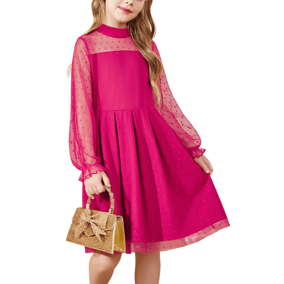 Oudiya Girls Mesh Puff Lantern Long Sleeve Hot Pink Dress Mock Neck Formal Party A Line Short Tulle Dress
