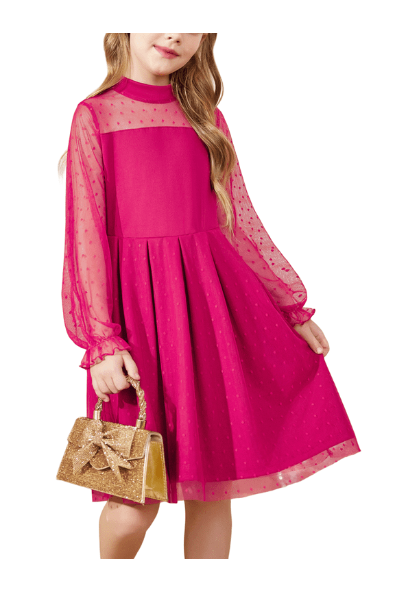 Girls Mesh Puff Lantern Long Sleeve Hot Pink Dress Mock Neck Formal Party A Line Short Tulle Dress