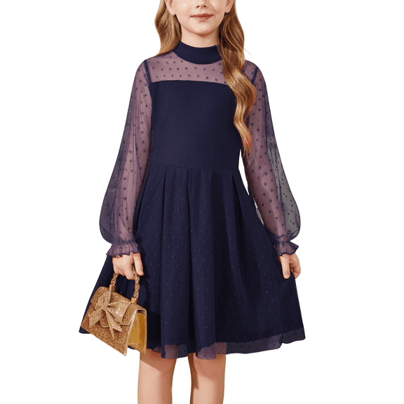 Oudiya Girls Mesh Puff Lantern Long Sleeve Navy Blue Dress Mock Neck Formal Party A Line Short Tulle Dress