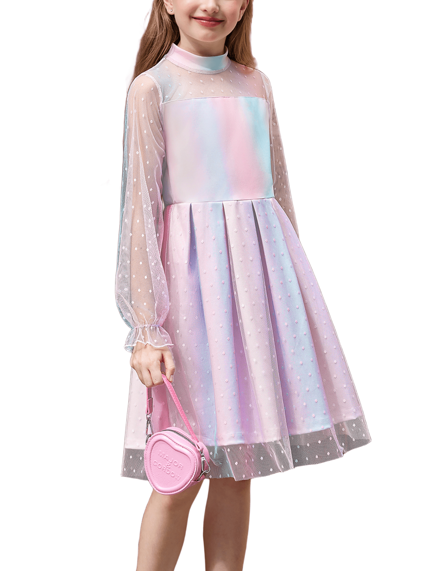 Oudiya Girls Mesh Puff Lantern Long Sleeve Rainbow Dress Mock Neck Formal Party A Line Short Tulle Dress, Girl's, Size: 14 Oudiya Girls Mesh Puff Lantern Long Sleeve Rainbow Dress Mock Neck Formal Party A Line Short Tulle Dress, Girl's, Size: 14