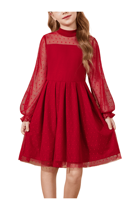 Girls Mesh Puff Lantern Long Sleeve Red Dress Mock Neck Formal Party A Line Short Tulle Dress