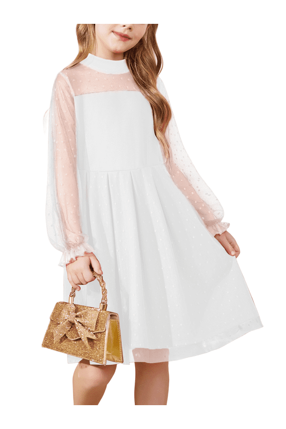 Girls Mesh Puff Lantern Long Sleeve White Dress Mock Neck Formal Party A Line Short Tulle Dress