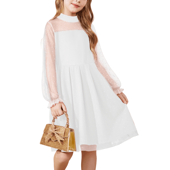 Oudiya Girls Mesh Puff Lantern Long Sleeve White Dress Mock Neck Formal Party A Line Short Tulle Dress