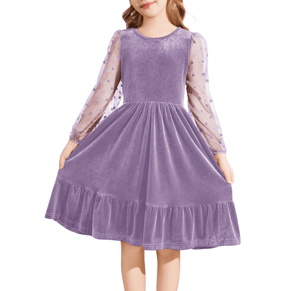 Oudiya Girls Midi Dresses Contrast Mesh Long Sleeve Velvet A-Line Vintage Party Dress with Pockets for Girls 6-13Y