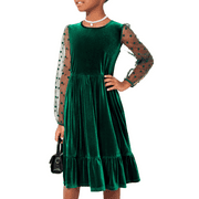 OUDIYA Girls Midi Dresses Contrast Mesh Long Sleeve Velvet A-Line Vintage Party Dress with Pockets for Girls 6-13Y