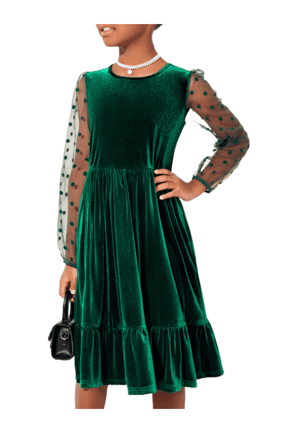 Girls Midi Dresses Contrast Mesh Long Sleeve Velvet A-Line Vintage Party Dress with Pockets for Girls 6-13Y