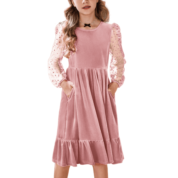Oudiya Girls Midi Dresses Contrast Mesh Long Sleeve Velvet A-Line Vintage Party Dress with Pockets for Girls 6-13Y