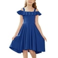 thumbnail image 1 of Oudiya Girls Off Shoulder Dress Flutter Sleeve Summer Midi Swing Dress with Pockets Formal Dress Blue 4-13Y, 1 of 9