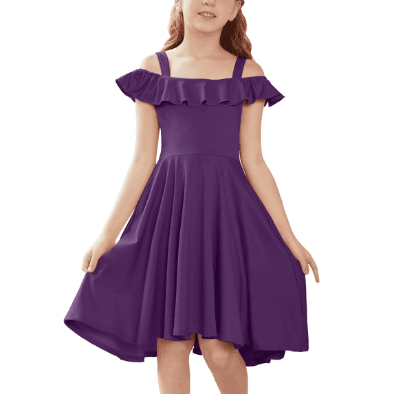 Oudiya Girls Off Shoulder Dress Flutter Sleeve Summer Midi Swing Dress with Pockets Formal Dress Purple 4-13Y